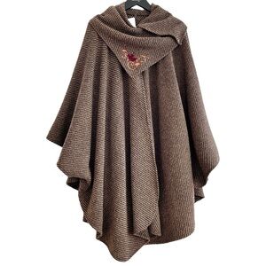 Custom Handmade Wool Blend Cape with Soft Sculpted Embroidered Collar, Brown NWT
